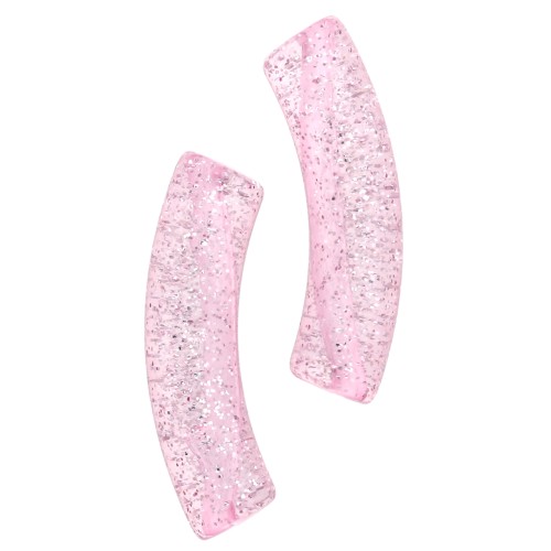 32x8 mm curved tube beads in transparent acrylic - Pink Glitter Silver x6
