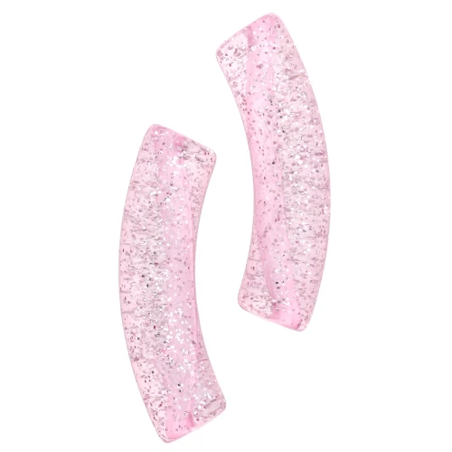 32x8 mm curved tube beads in transparent acrylic - Pink Glitter Silver x6