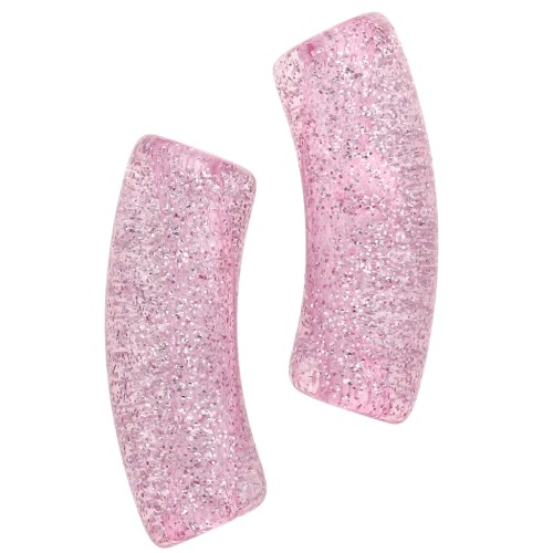 Curved tube beads 35x11 mm in transparent acrylic - Pink Glitter Silver x6