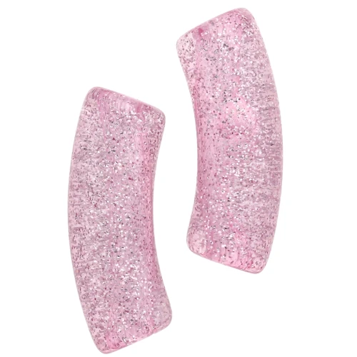 Curved tube beads 35x11 mm in transparent acrylic - Pink Glitter Silver x6