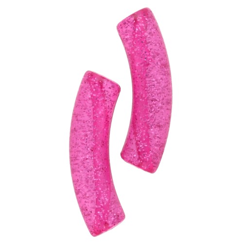Beads tube curved 32x8 mm acrylic transparent - Fuchsia Glitter Silver x6
