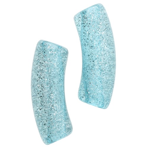 Curved tube beads 35x11 mm in transparent acrylic - Blue Glitter Silver x6