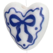 Ceramic heart bead 15x14.5 mm - bow motif - White - Blue x1