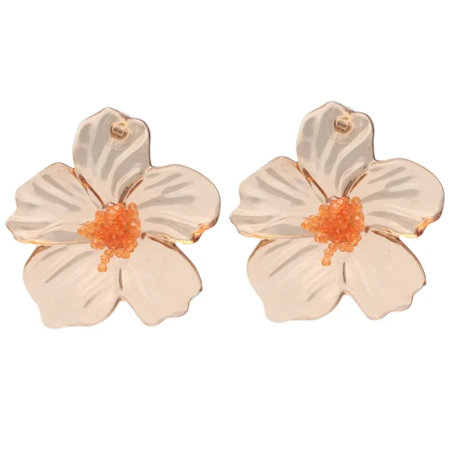 Flower earrings 66x62 mm in acrylic and beads - Brown - Orange x2