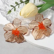 Flower earrings 66x62 mm in acrylic and beads - Brown - Orange x2