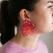 Flower Earrings 66x62 mm in Acrylic and Beads - Pink - Orange x2