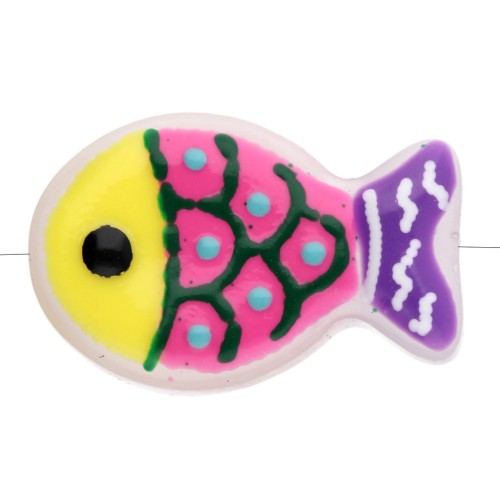 Glass fish bead 20x13 mm - Fluorescent yellow - Fluorescent pink - Violet x1