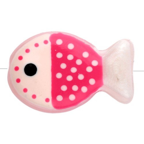 Glass fish bead 20x13 mm - Polka dot pattern - Nude - Fluorescent coral pink - White x1