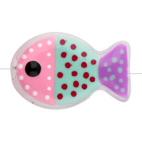 Glass fish bead 20x13 mm - Polka dot pattern - Pink - Mint green - Purple x1