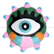 17 mm round flattened glass bead - eye pattern - Pink - Light blue - Green x1