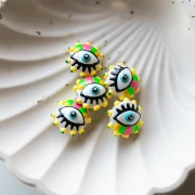 Round flattened 17 mm glass bead - eye pattern - Yellow - Green - Candy Pink x1