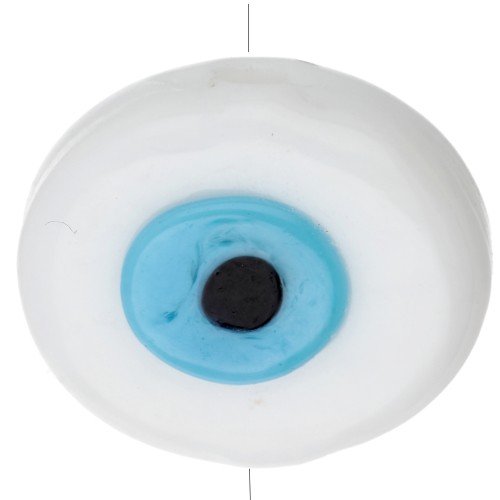 Oval irregular 21x17 mm glass bead - eye pattern - White - Sky Blue x1