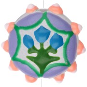 Flattened round 20 mm glass bead - flower motif - Violet - Fluorescent orange - Blue x1