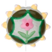 Round flattened glass bead 20 mm - flower pattern - Green - Yellow - Pink x1