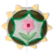 Round flattened glass bead 20 mm - flower pattern - Green - Yellow - Pink x1