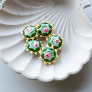 Round flattened glass bead 20 mm - flower pattern - Green - Yellow - Pink x1