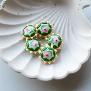 Round flattened glass bead 20 mm - flower pattern - Green - Yellow - Pink x1