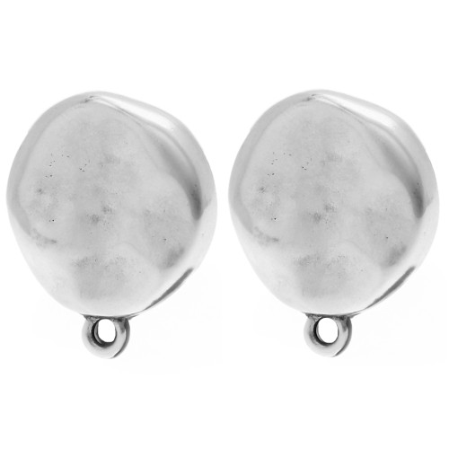 Round irregular hammered stud earrings 17.5 mm - Antique fine silver plating x2