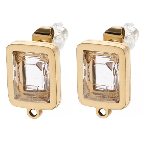 Rectangle stud earrings 13x9 mm glass cabochon - 304L Gold-plated stainless steel - Pink x2