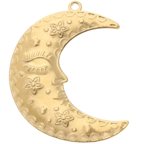 Half-moon pendant 51x39 mm - flowers and stars - 304 Gold stainless steel