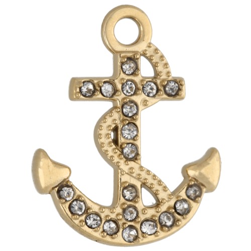 Charm anchor 19x15 mm with rhinestones - Stainless steel 304 Gilded - Crystal x1