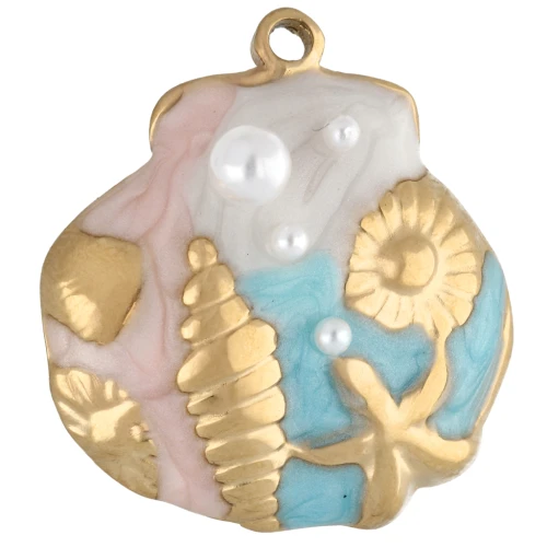 Shell pendant 21x20 mm marine motif in relief - 304 Gold stainless steel - Pastel