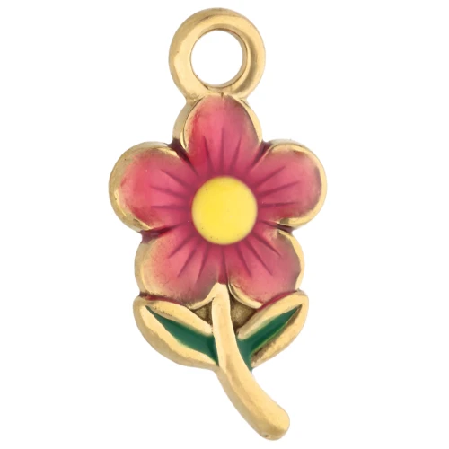 Flower charm 20x10 mm with epoxy resin - 304 Gold stainless steel - Pink x1