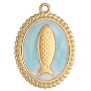 23x17.5 mm oval pendant - fish motif - 304 Gold stainless steel - Sky blue x1