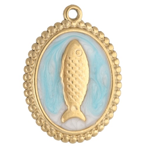 23x17.5 mm oval pendant - fish motif - 304 Gold stainless steel - Sky blue x1