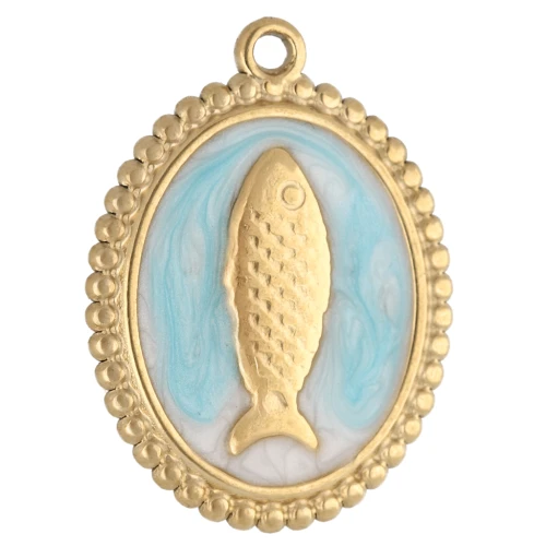 23x17.5 mm oval pendant - fish motif - 304 Gold stainless steel - Sky blue x1