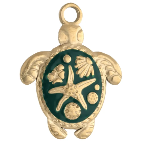 Turtle pendant 23.5x18 mm - shell motif - 304 Gold stainless steel - Green x1