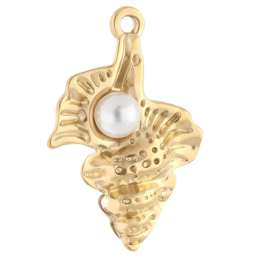 Shell pendant 30x21 mm and imitation freshwater pearl - 304 Gold stainless steel
