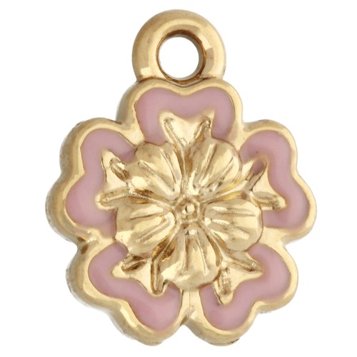 10 mm flower charm with epoxy resin - 304 Gold stainless steel - Pale pink x1