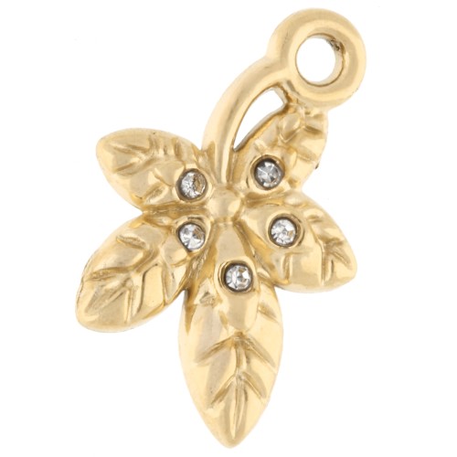 16x10.5 mm leaf charm with rhinestones - 304 Gold stainless steel - Crystal x1