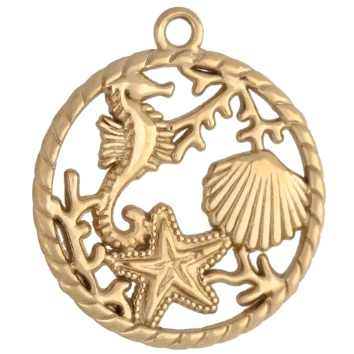 Round 20 mm braided effect pendant - marine motif - 304 Gold stainless steel x1