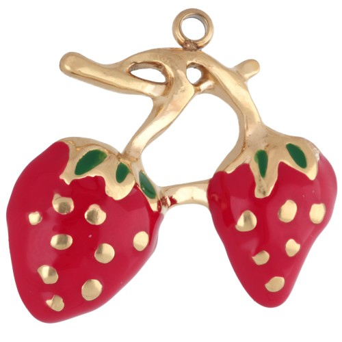Strawberry pendant 21x23 mm with epoxy resin - 304 Gold stainless steel - Red