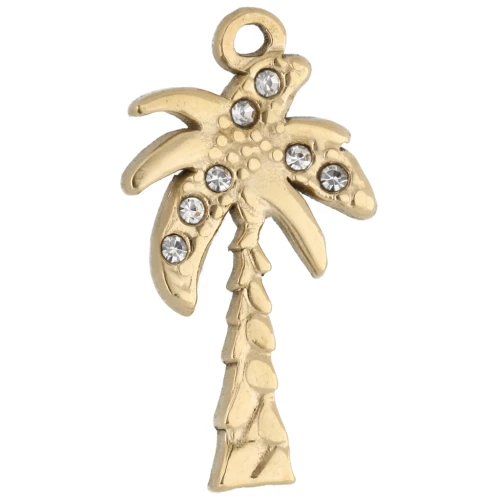Palm tree charm 20x11 mm with rhinestones - 304 Gold stainless steel - Crystal x1