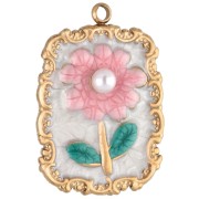 Pendant frame 26x18 mm flower motif - epoxy resin - 304 Gold stainless steel - Pink