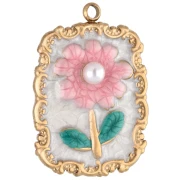 Pendant frame 26x18 mm flower motif - epoxy resin - 304 Gold stainless steel - Pink