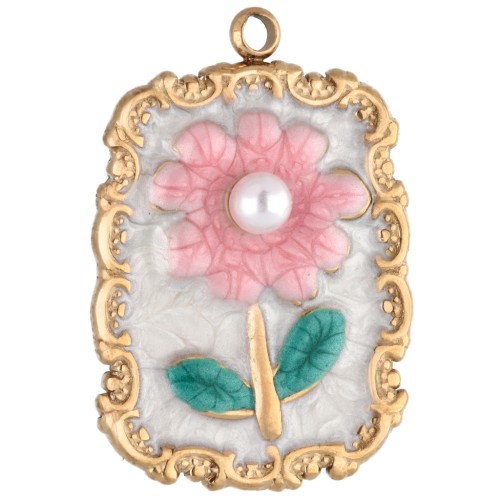 Pendant frame 26x18 mm flower motif - epoxy resin - 304 Gold stainless steel - Pink