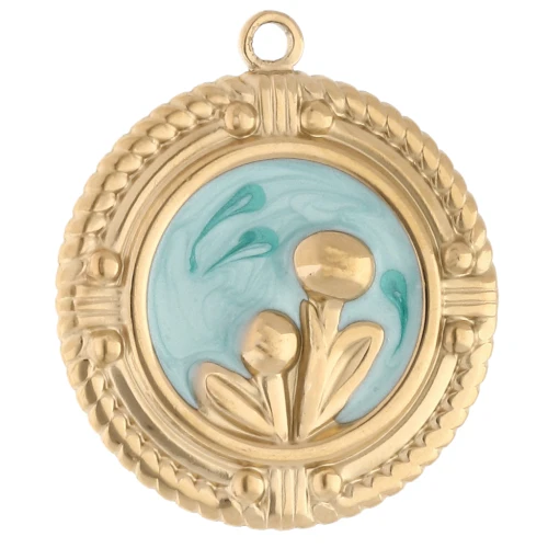 Pendant medal 24 mm flower motif epoxy resin - Stainless steel 304 Gilded - Blue x1