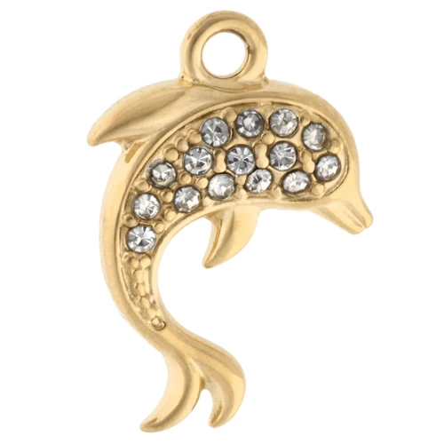 Dolphin Charm 14.5x9.5 mm with rhinestones - 304 Gold Stainless Steel - Crystal x1