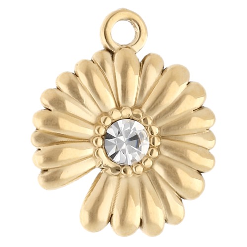 15 mm flower charm with rhinestones - 304 Gold stainless steel - Crystal x1