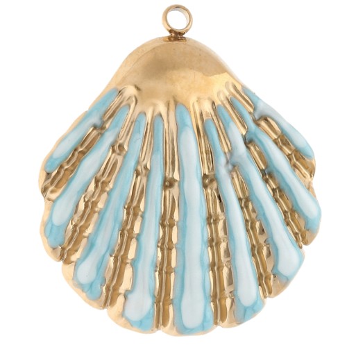 Shell pendant 35.5x31 mm and epoxy resin - 304 Gold stainless steel - Sky blue
