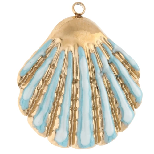 Shell pendant 35.5x31 mm and epoxy resin - 304 Gold stainless steel - Sky blue