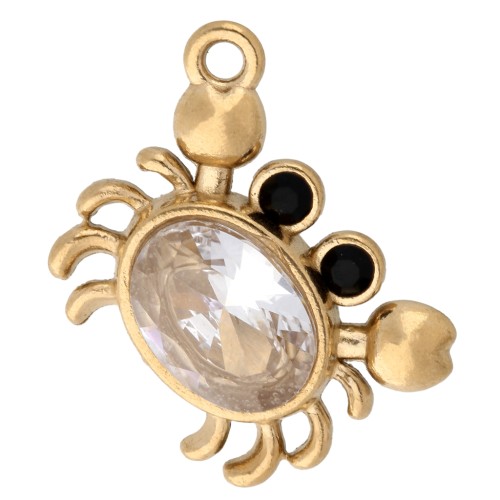 Crab charm 15.5x11 mm with rhinestones - 304 Gold Stainless Steel - Crystal x1