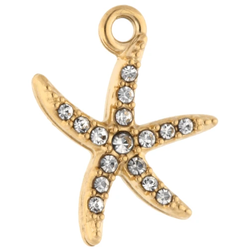 Starfish Charm 14x12 mm with Rhinestones - 304 Gold Stainless Steel - Crystal x1