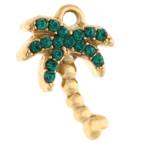 Palm tree charm 14x10 mm with rhinestones - 304 Gold stainless steel - Green x1