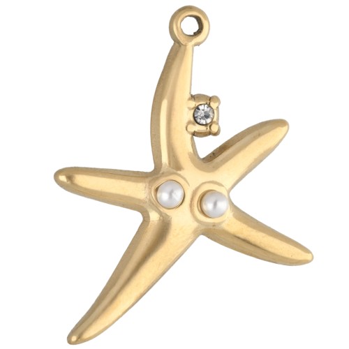 Starfish 22x19 mm rhinestone and imitation pearl pendant - 304 stainless steel, gold-plated