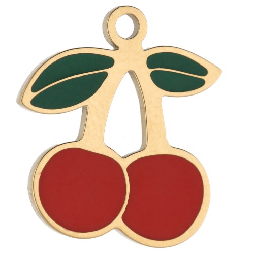 Charm cherries 14x12.5 mm with epoxy resin - Stainless steel 304 Gilded - Red x1